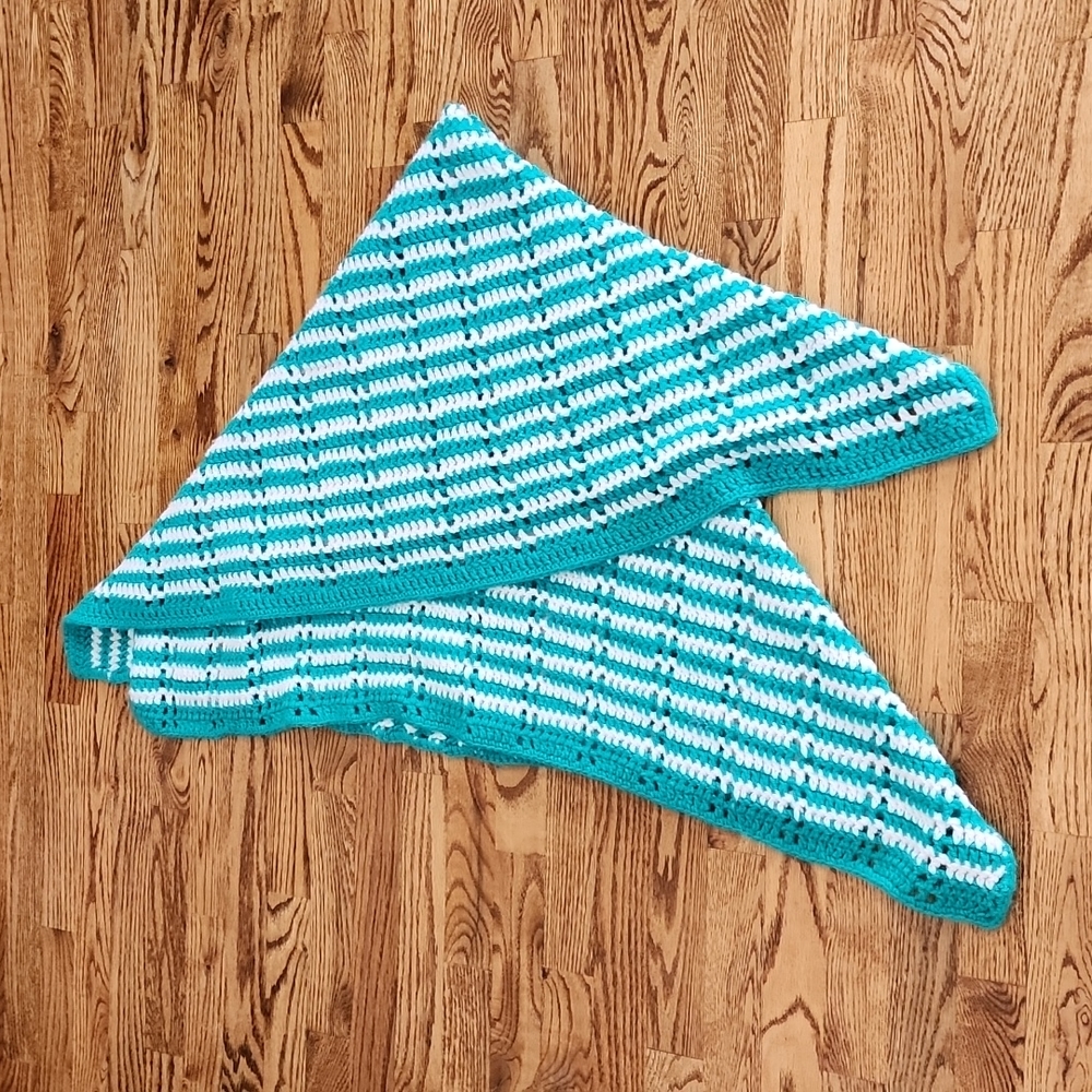Hand Crocheted Lap Quilt in Teal and White Stripe Approx 45x45 Cozy Warm Gift